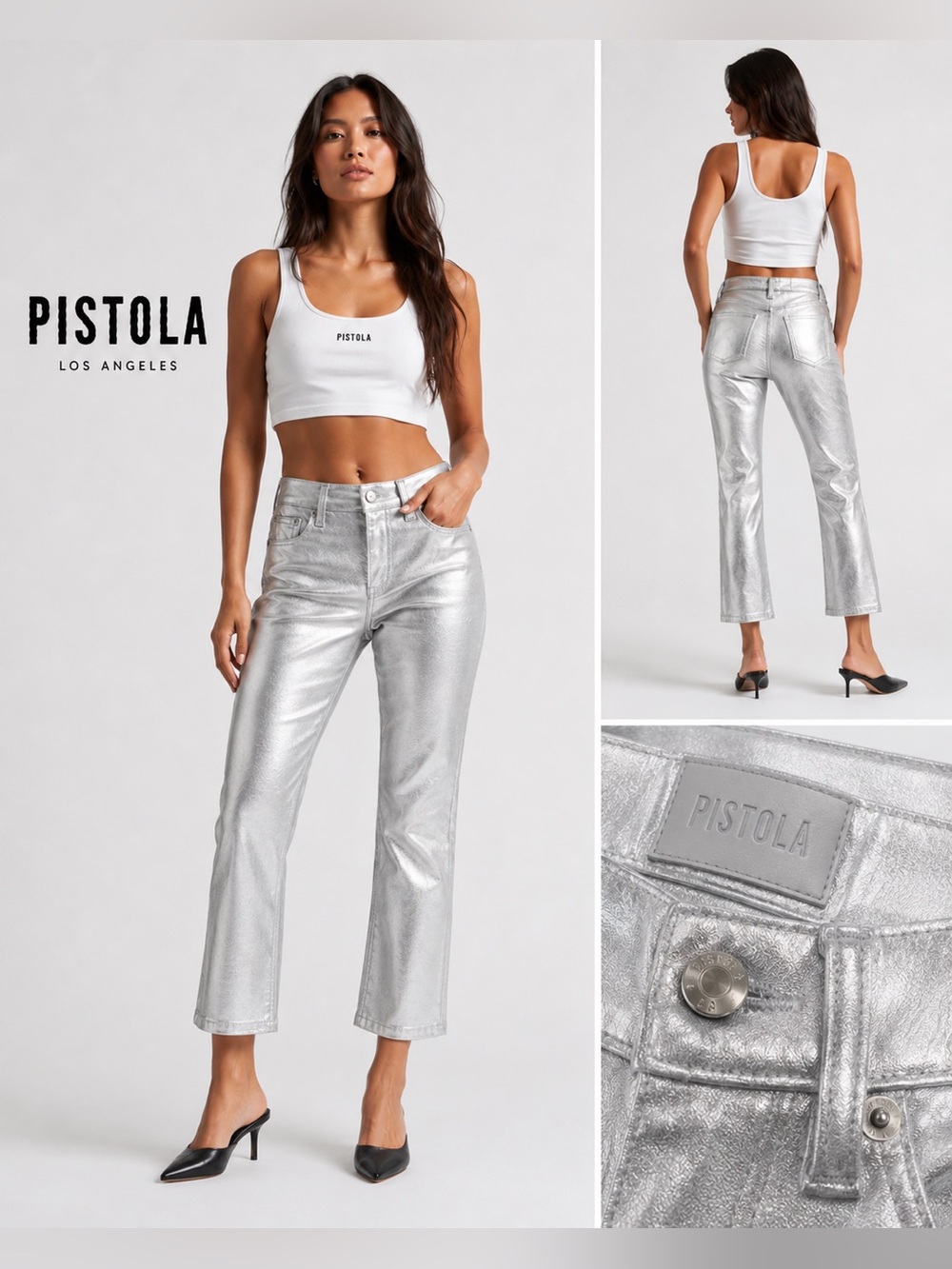 Pistola Metallic Silver Coated Crop Bootcut Jeans NWT Size 26 High Rise